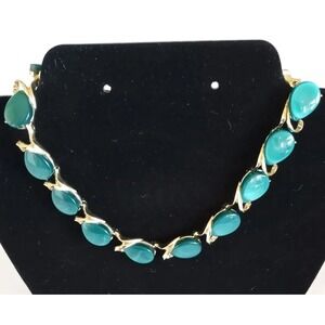 Vintage Necklace Aquamarine Teardrop Thermoset Gold Tone Collar Statement